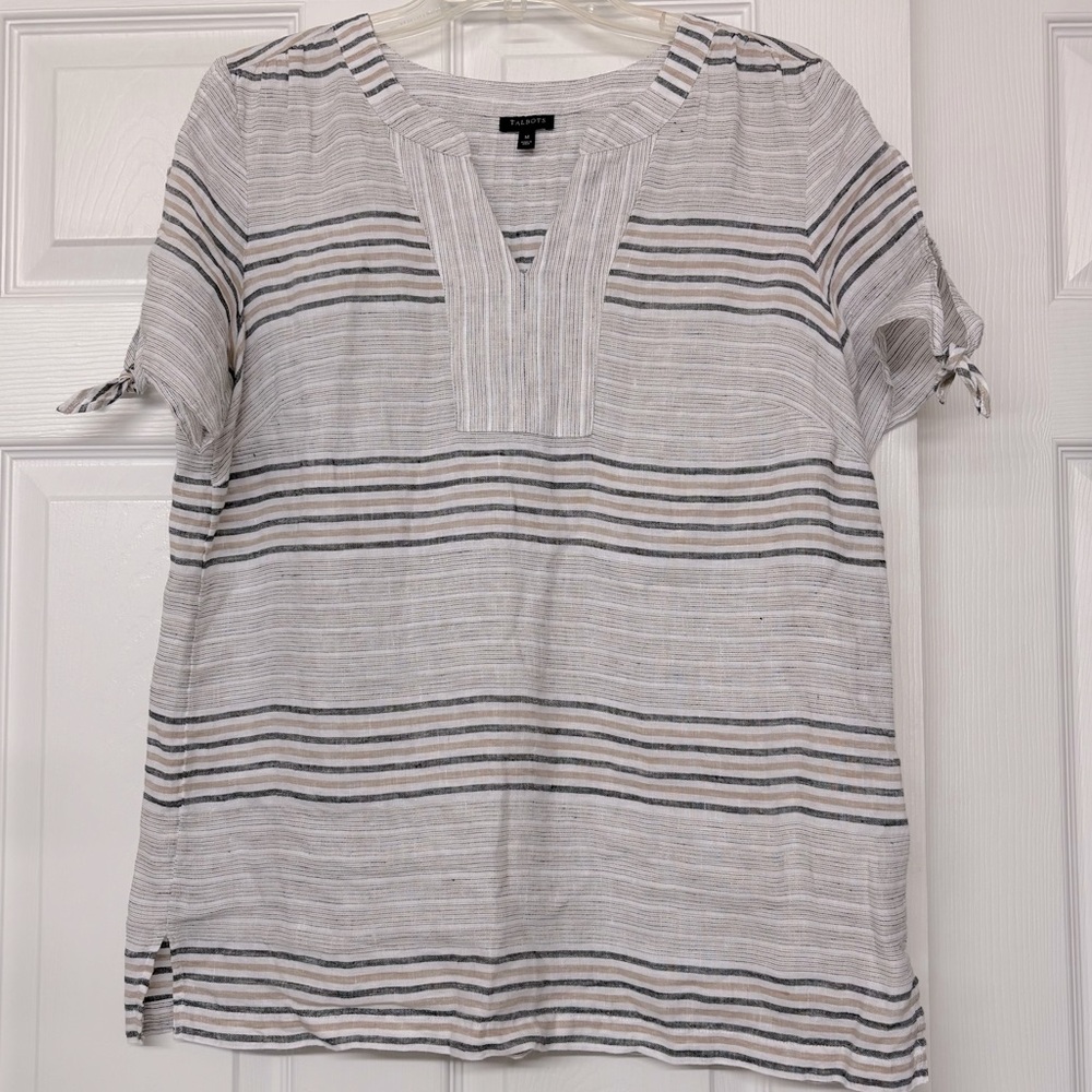 Talbots 100% Linen Striped Neutrals Pullover Top Sz M